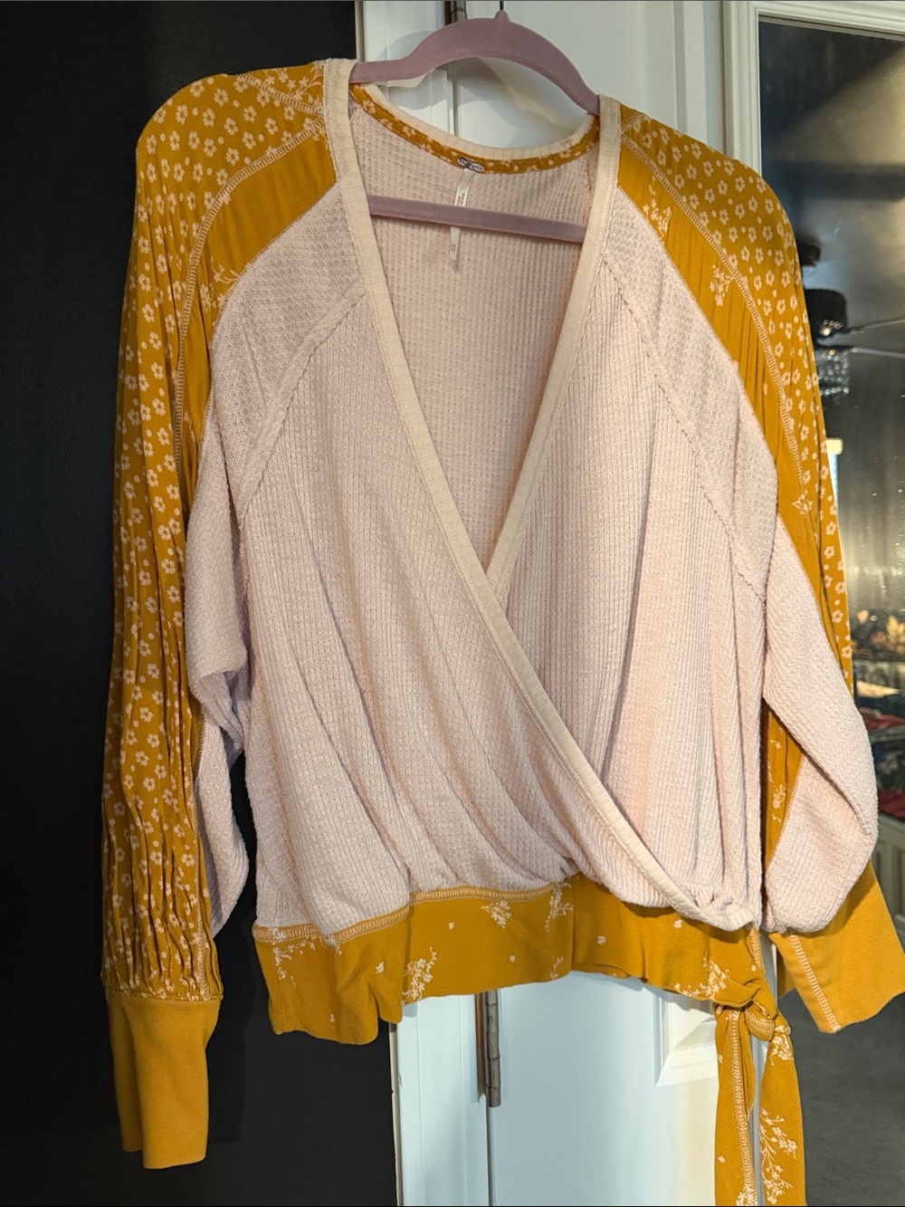 Free People Cream Waffle Knit Wrap Top with Mustard Floral Sleeves